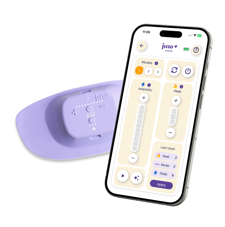 Juno device and Juno+ app showing intensity and heat controls
